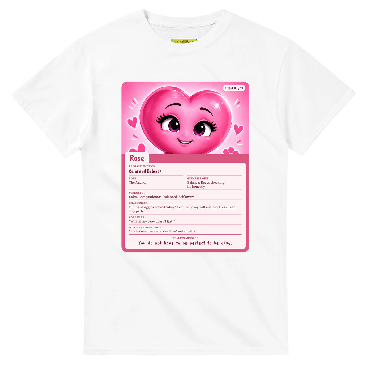 Rose: The Anchor heart card for veteran calm and balance awareness — white unisex t-shirt