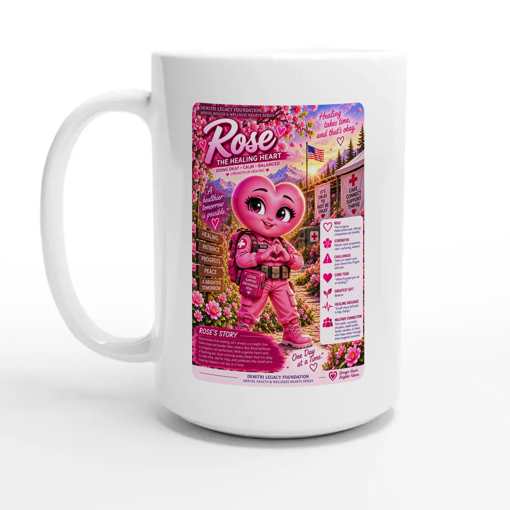 Rose: The Healing Heart story poster for veteran calm and balance awareness — 15oz coffee mug, other side