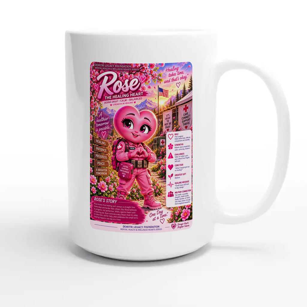 Rose: The Healing Heart story poster for veteran calm and balance awareness — 15oz white coffee mug