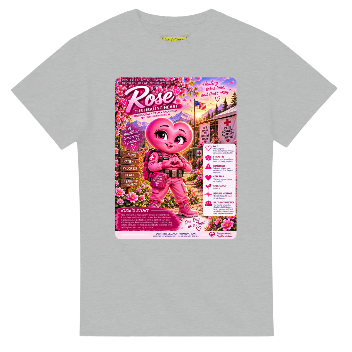 Rose: The Healing Heart story poster for veteran calm and balance awareness — ash unisex t-shirt