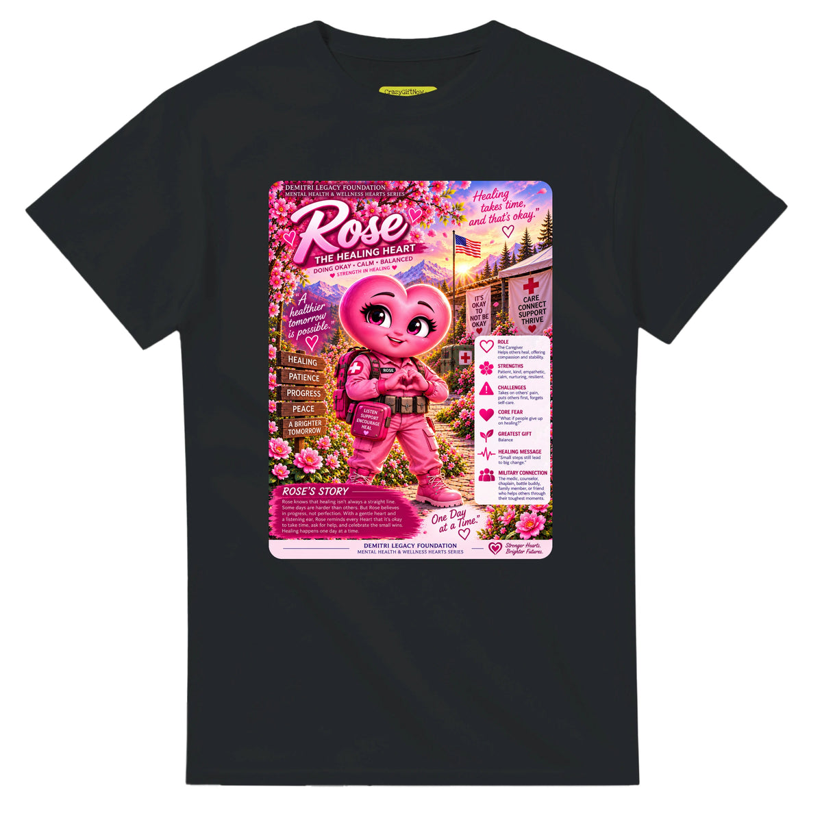 Rose: The Healing Heart story poster for veteran calm and balance awareness — black unisex t-shirt