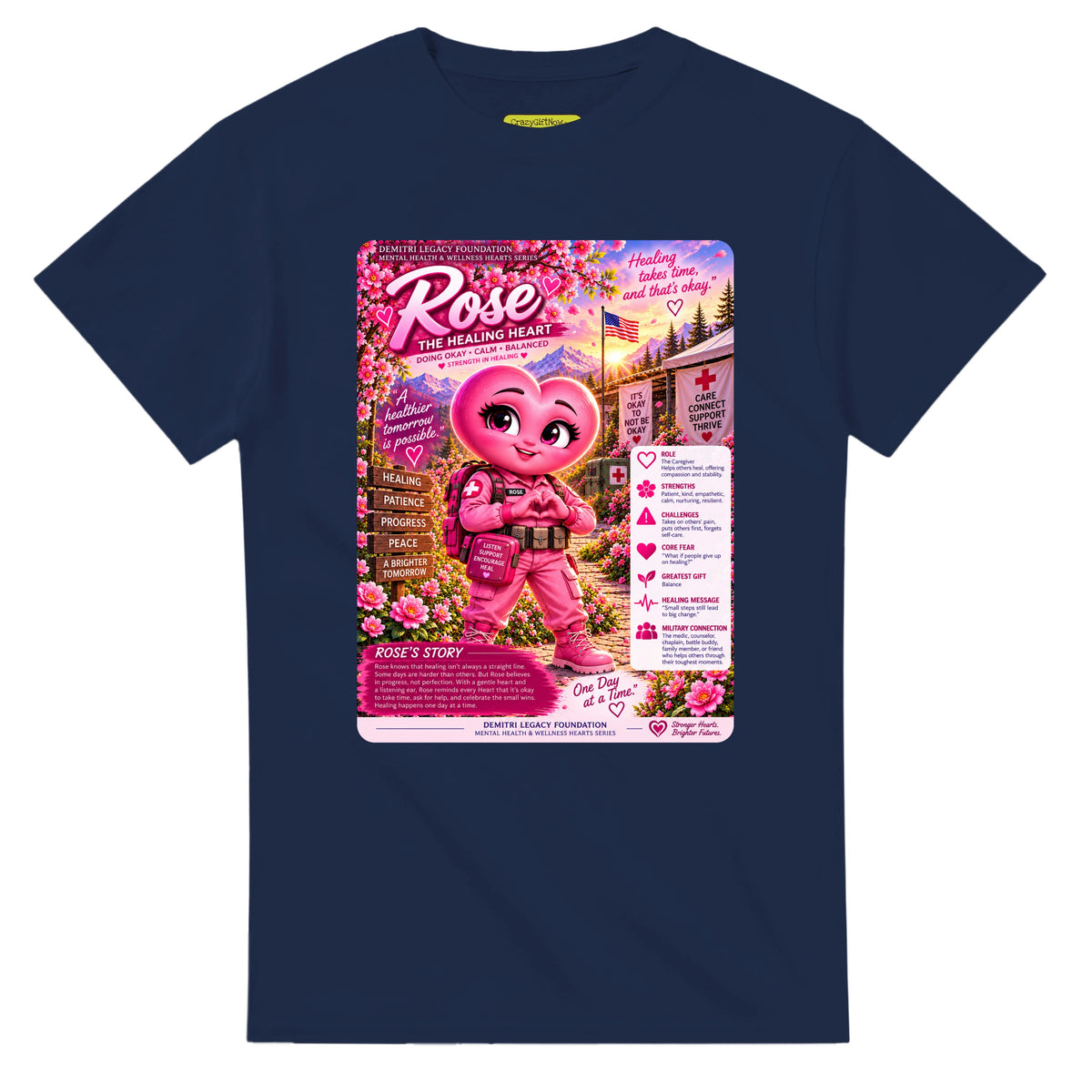 Rose: The Healing Heart story poster for veteran calm and balance awareness — navy unisex t-shirt