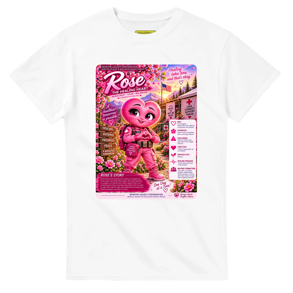 Rose: The Healing Heart story poster for veteran calm and balance awareness — white unisex t-shirt