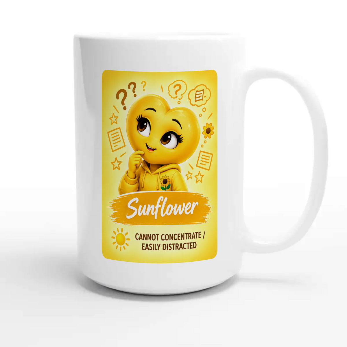 Sunflower: The Explorer heart for veteran restless distraction awareness — 15oz white coffee mug
