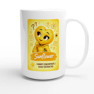 Sunflower: The Explorer heart for veteran restless distraction awareness — 15oz white coffee mug