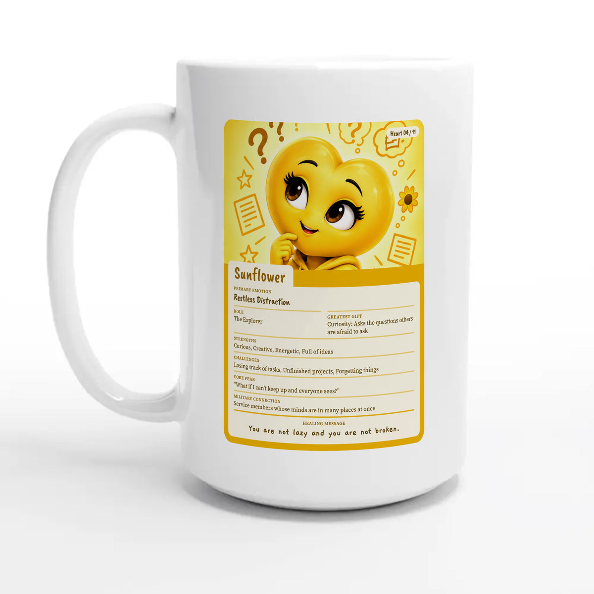 Sunflower: The Explorer heart card for veteran restless distraction awareness — 15oz coffee mug, other side