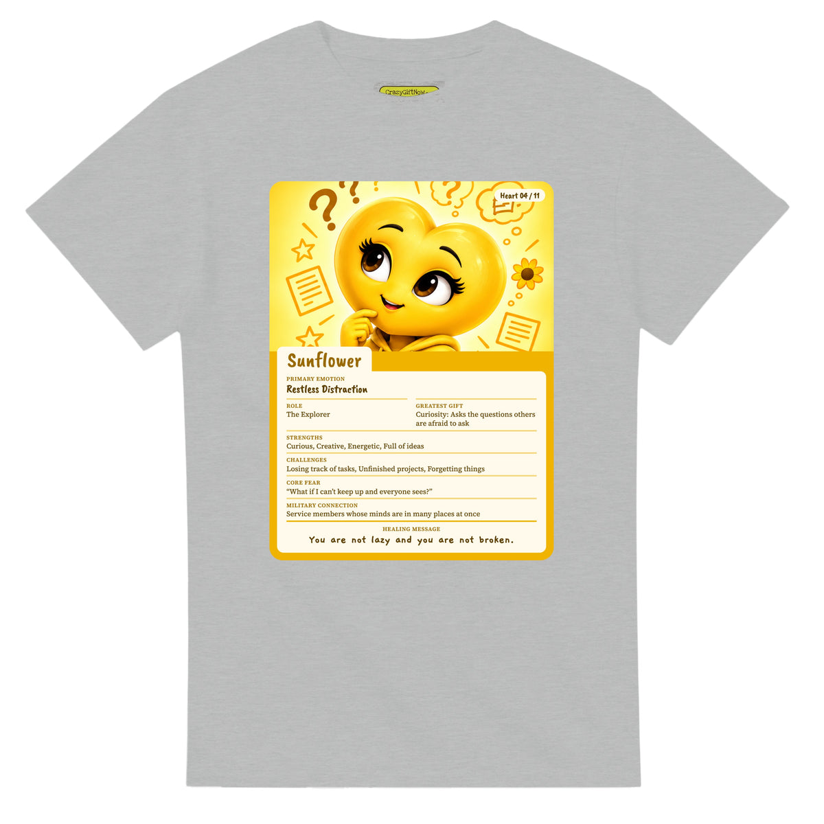 Sunflower: The Explorer heart card for veteran restless distraction awareness — ash unisex t-shirt