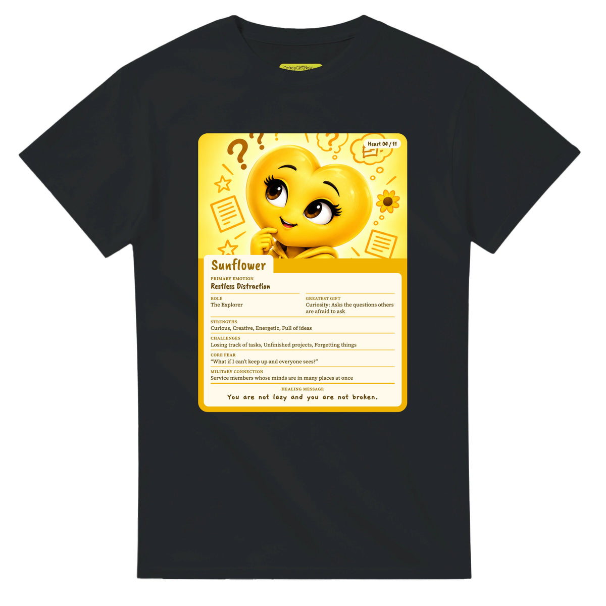 Sunflower: The Explorer heart card for veteran restless distraction awareness — black unisex t-shirt