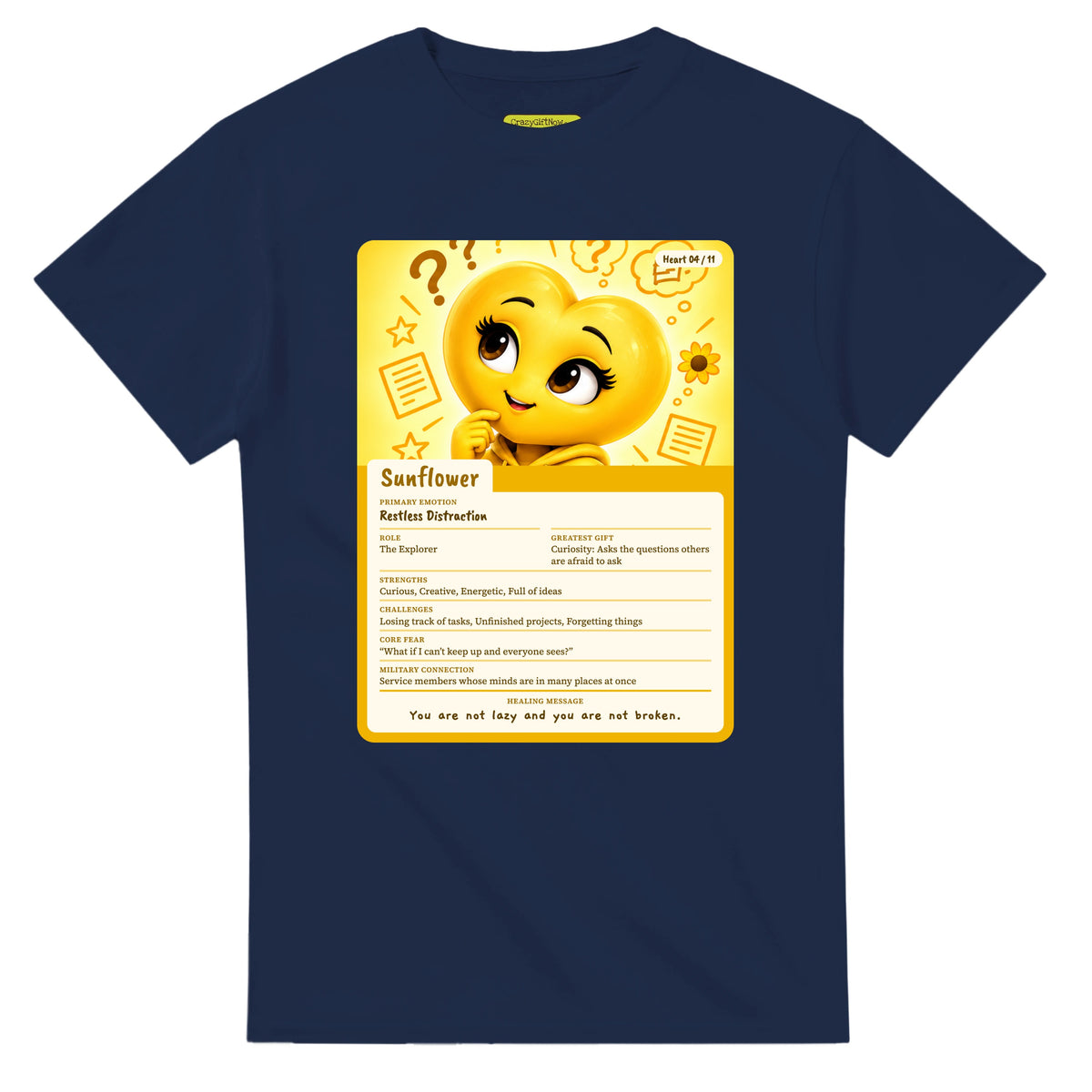 Sunflower: The Explorer heart card for veteran restless distraction awareness — navy unisex t-shirt