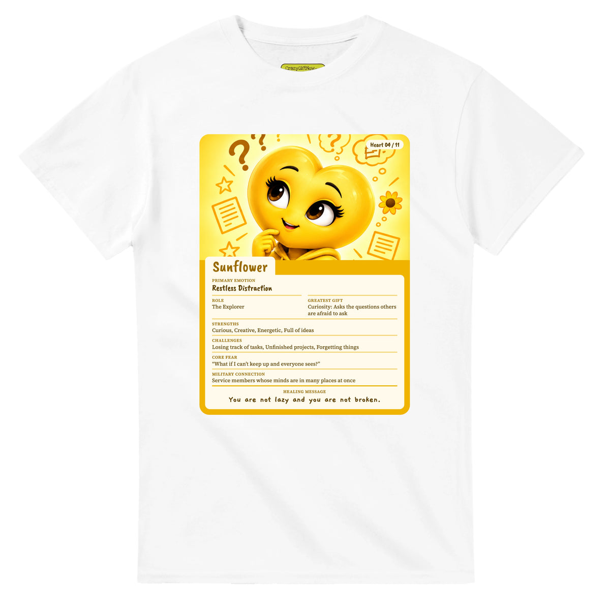 Sunflower: The Explorer heart card for veteran restless distraction awareness — white unisex t-shirt