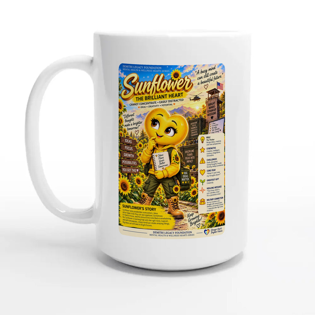 Sunflower: The Brilliant Heart story poster for veteran restless distraction awareness — 15oz coffee mug, other side