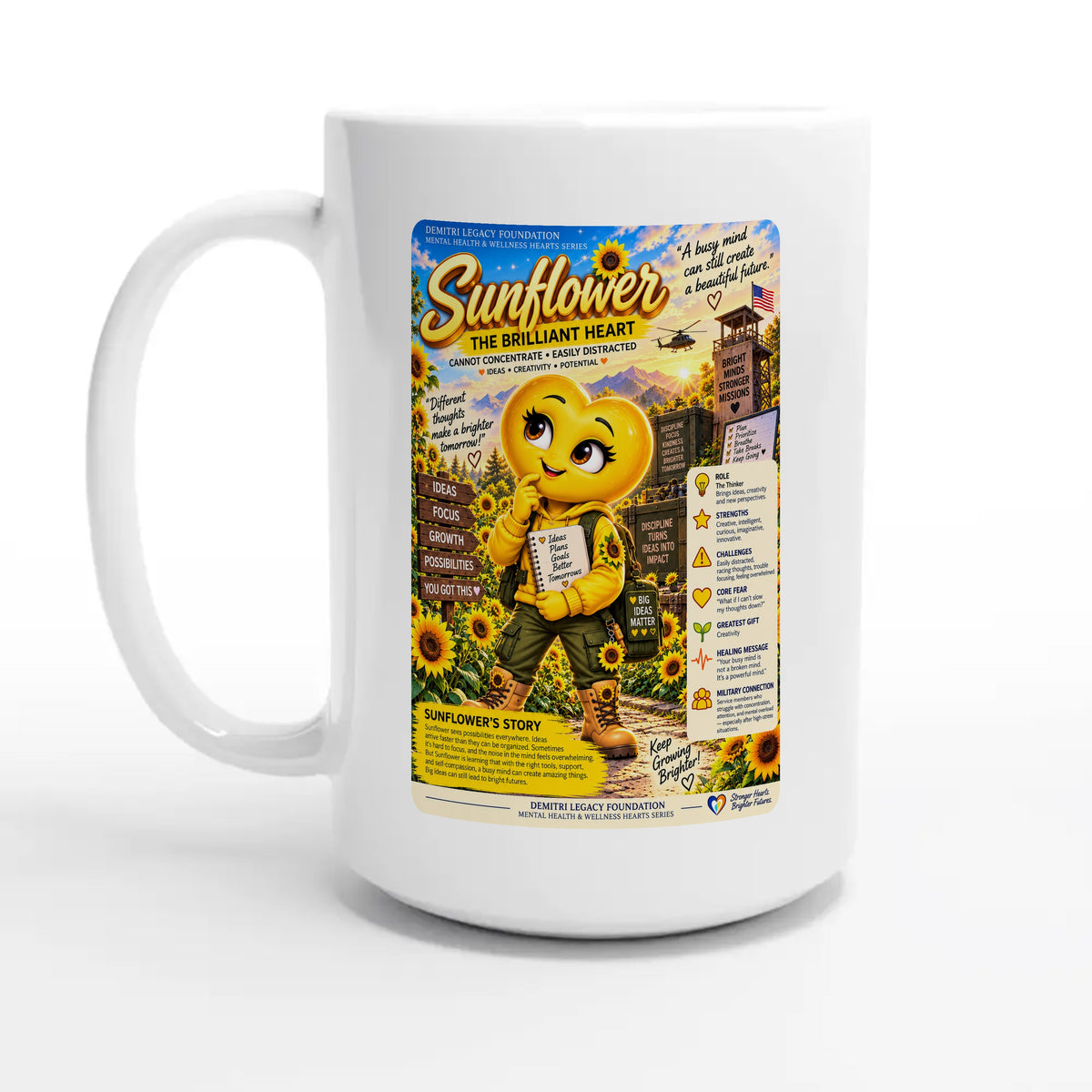 Sunflower: The Brilliant Heart story poster for veteran restless distraction awareness — 15oz coffee mug, other side