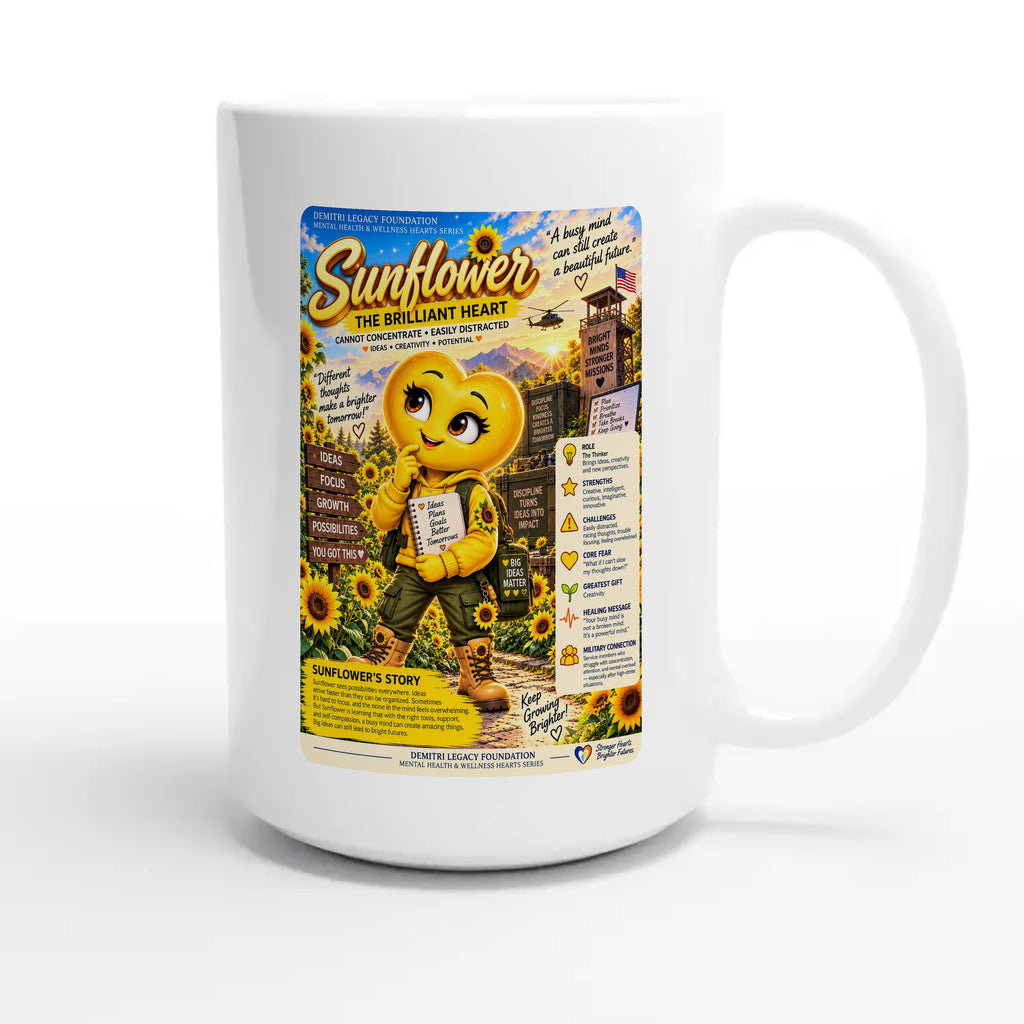 Sunflower: The Brilliant Heart story poster for veteran restless distraction awareness — 15oz white coffee mug
