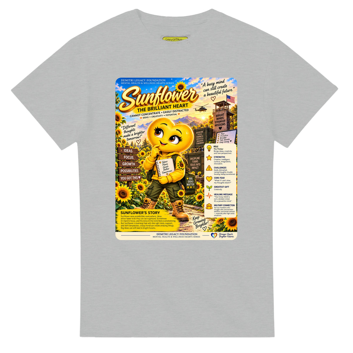 Sunflower: The Brilliant Heart story poster for veteran restless distraction awareness — ash unisex t-shirt