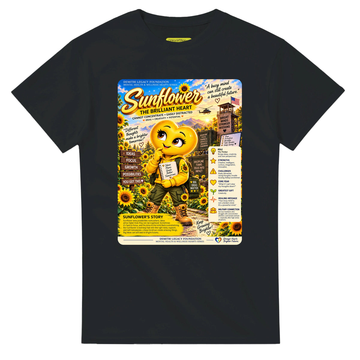 Sunflower: The Brilliant Heart story poster for veteran restless distraction awareness — black unisex t-shirt