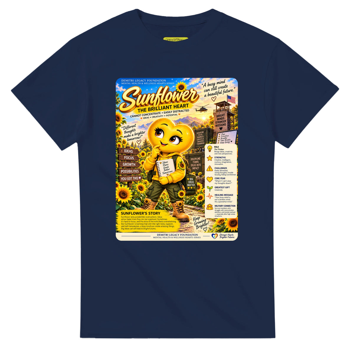 Sunflower: The Brilliant Heart story poster for veteran restless distraction awareness — navy unisex t-shirt