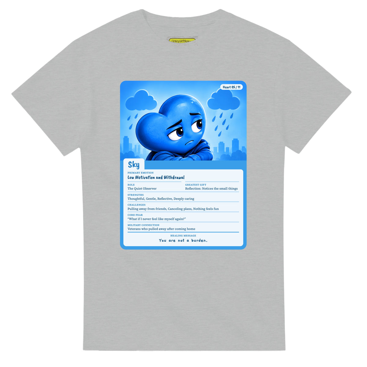 Sky: The Quiet Observer heart card for veteran low motivation and withdrawal awareness — ash unisex t-shirt