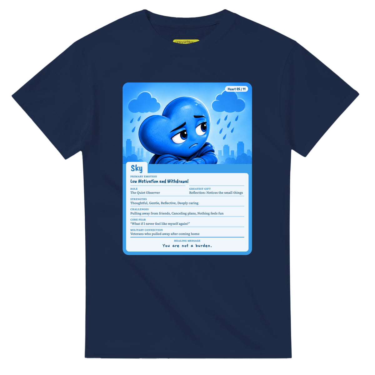 Sky: The Quiet Observer heart card for veteran low motivation and withdrawal awareness — navy unisex t-shirt