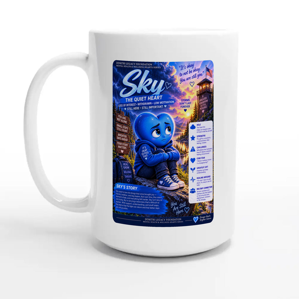Sky: The Quiet Heart story poster for veteran low motivation and withdrawal awareness — 15oz coffee mug, other side