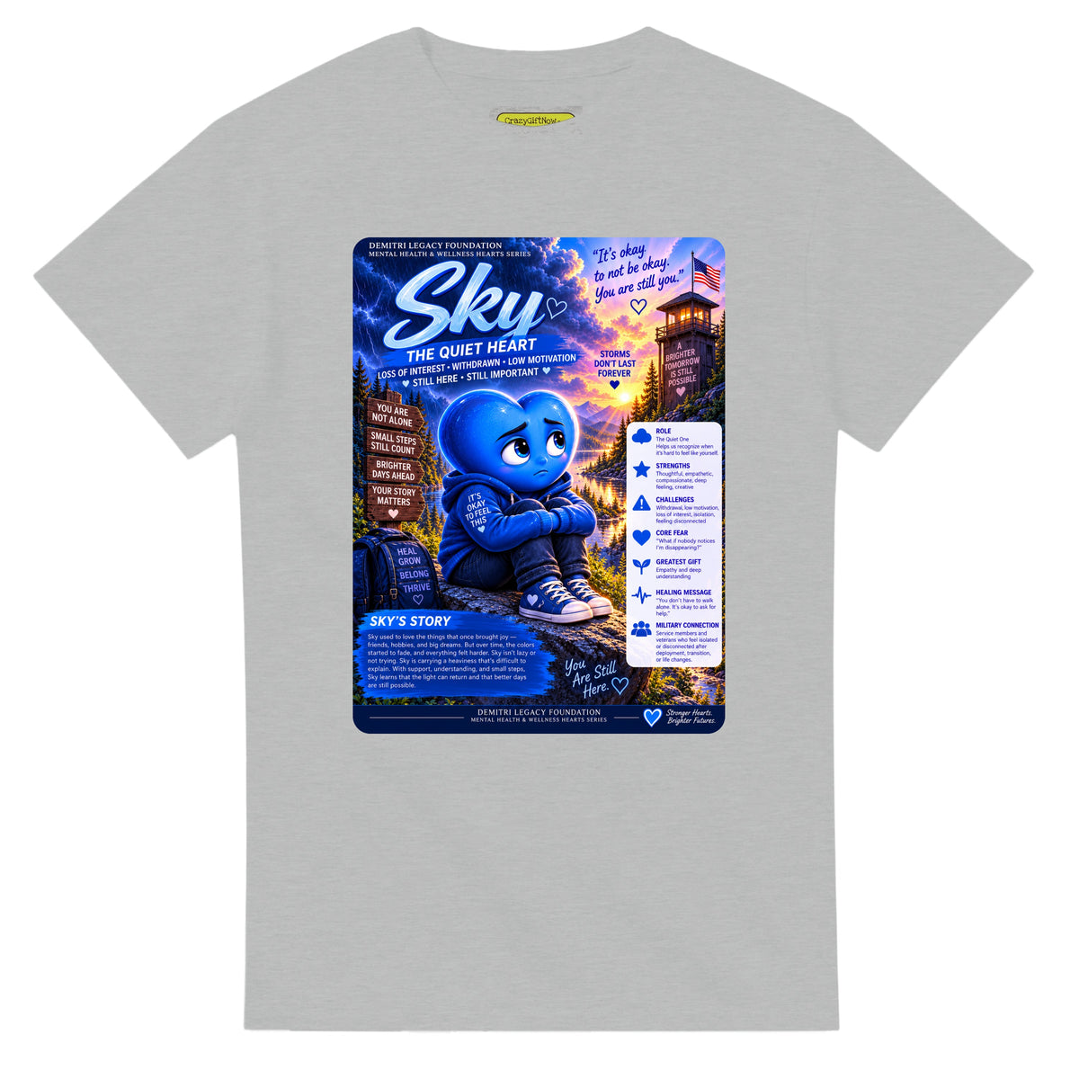 Sky: The Quiet Heart story poster for veteran low motivation and withdrawal awareness — ash unisex t-shirt