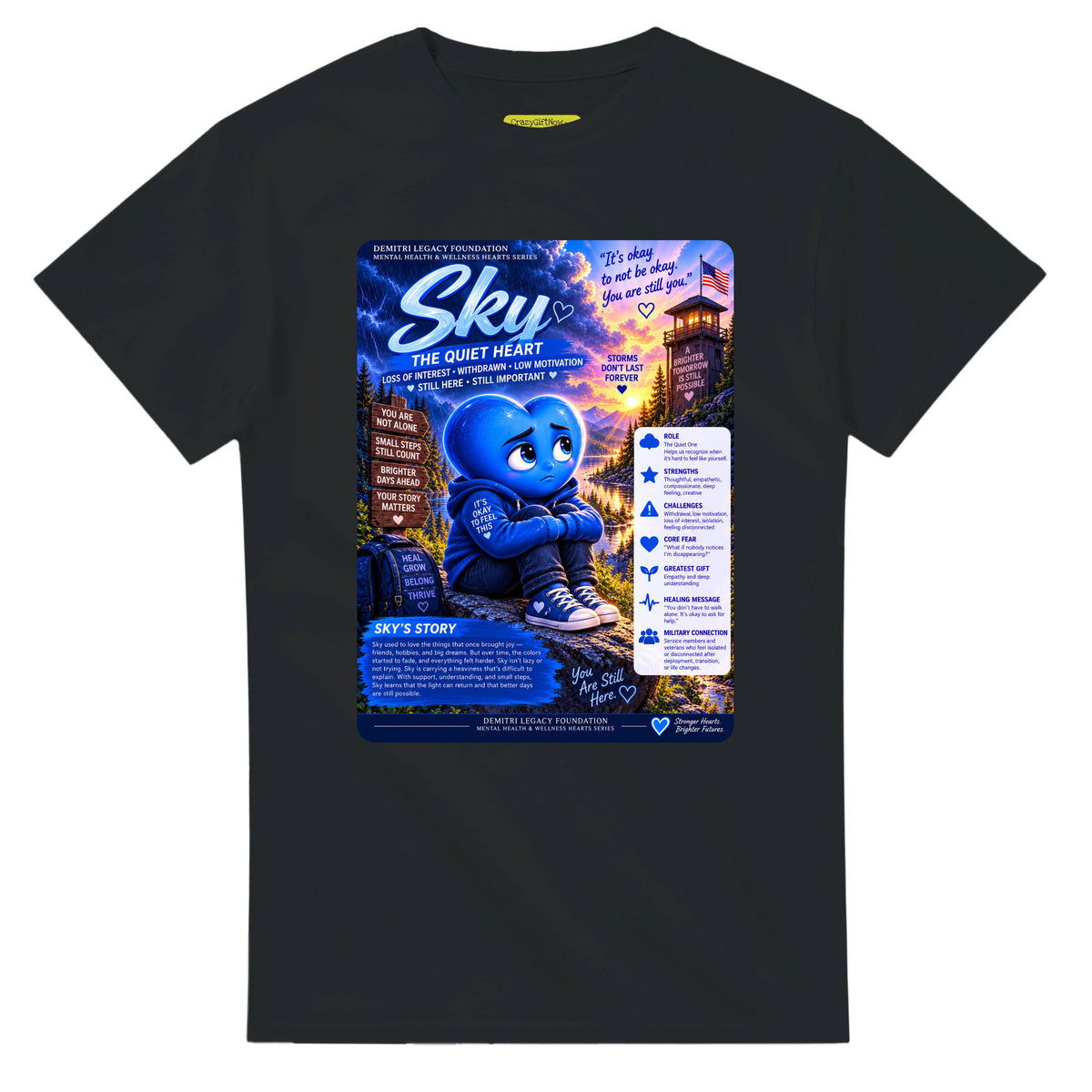 Sky: The Quiet Heart story poster for veteran low motivation and withdrawal awareness — black unisex t-shirt
