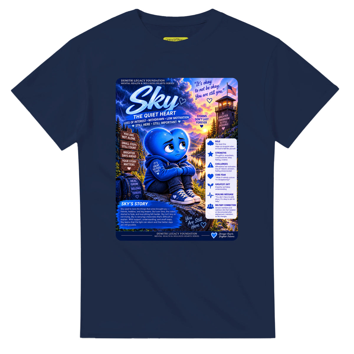 Sky: The Quiet Heart story poster for veteran low motivation and withdrawal awareness — navy unisex t-shirt