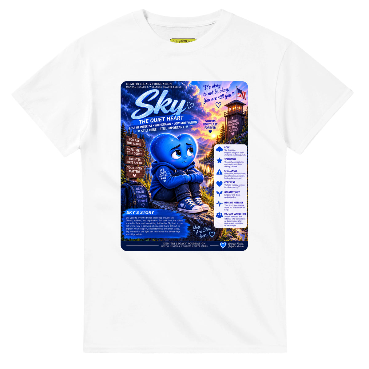 Sky: The Quiet Heart story poster for veteran low motivation and withdrawal awareness — white unisex t-shirt