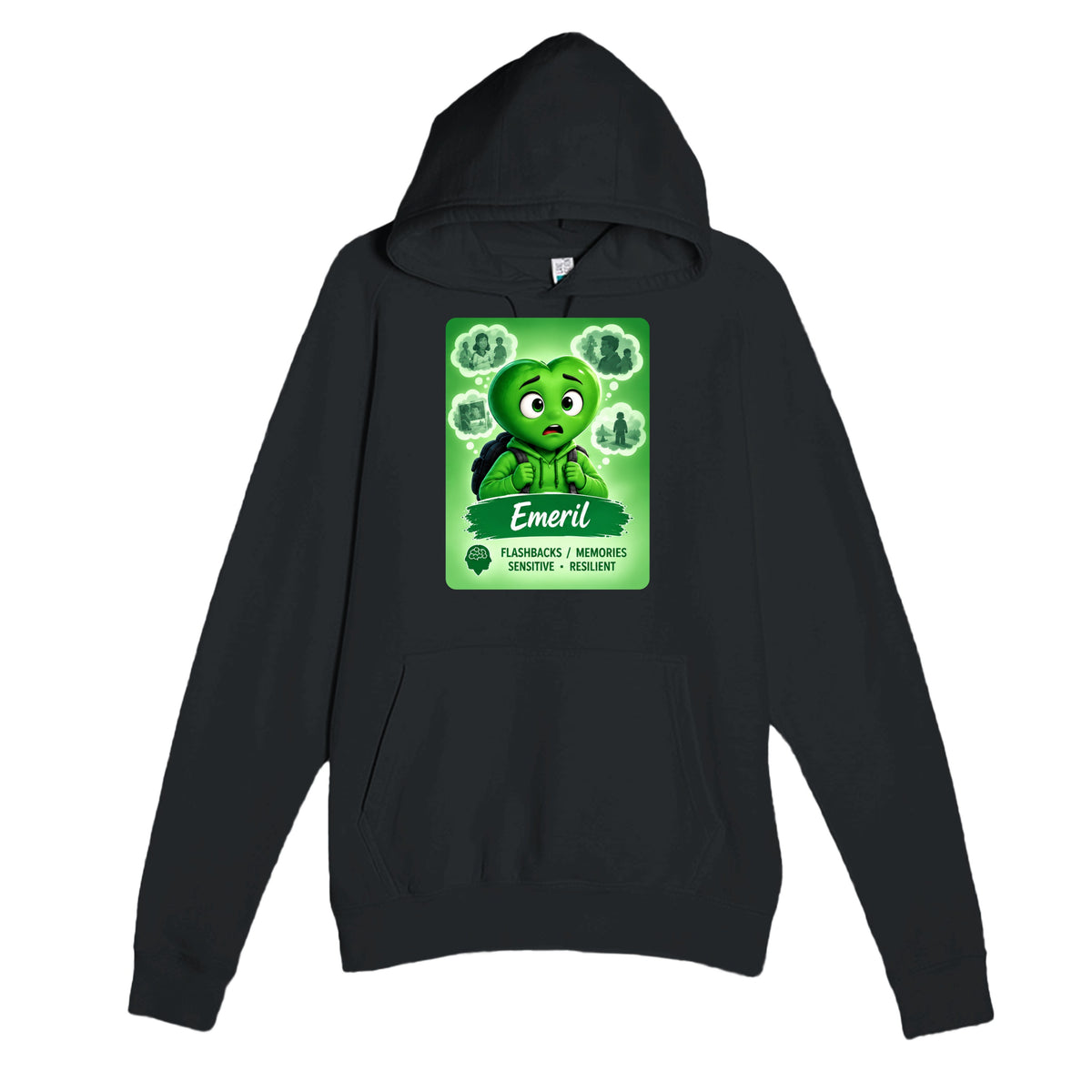 Emeril: The Rememberer heart for veteran flashbacks and painful memories awareness — black unisex hoodie