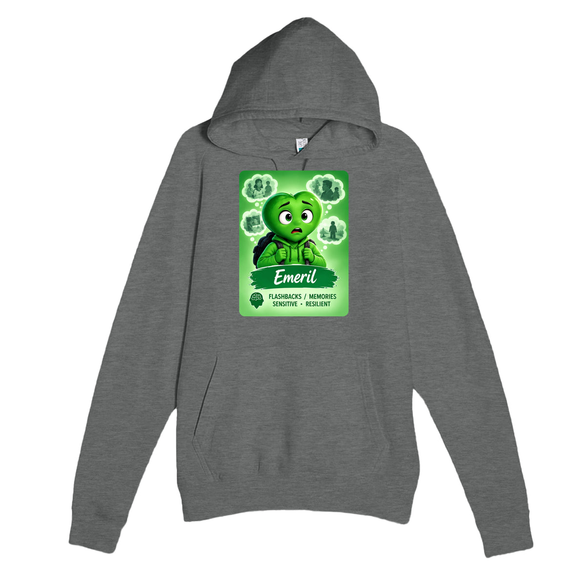 Emeril: The Rememberer heart for veteran flashbacks and painful memories awareness — graphite heather unisex hoodie