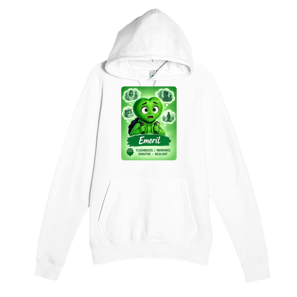 Emeril: The Rememberer heart for veteran flashbacks and painful memories awareness — white unisex hoodie