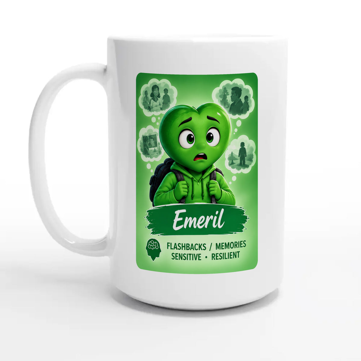 Emeril: The Rememberer heart for veteran flashbacks and painful memories awareness — 15oz coffee mug, other side
