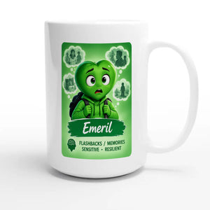 Emeril: The Rememberer heart for veteran flashbacks and painful memories awareness — 15oz white coffee mug
