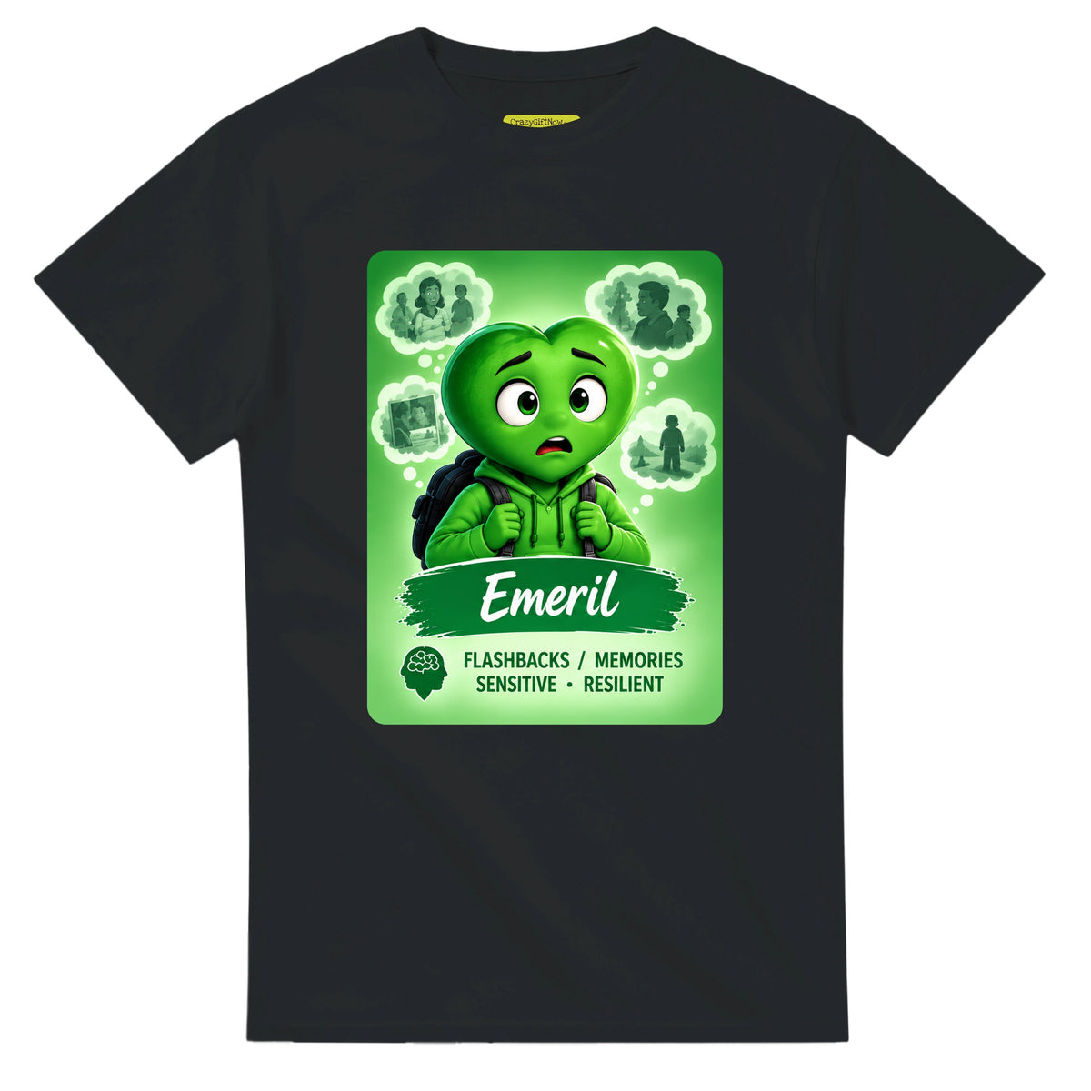 Emeril: The Rememberer heart for veteran flashbacks and painful memories awareness — black unisex t-shirt