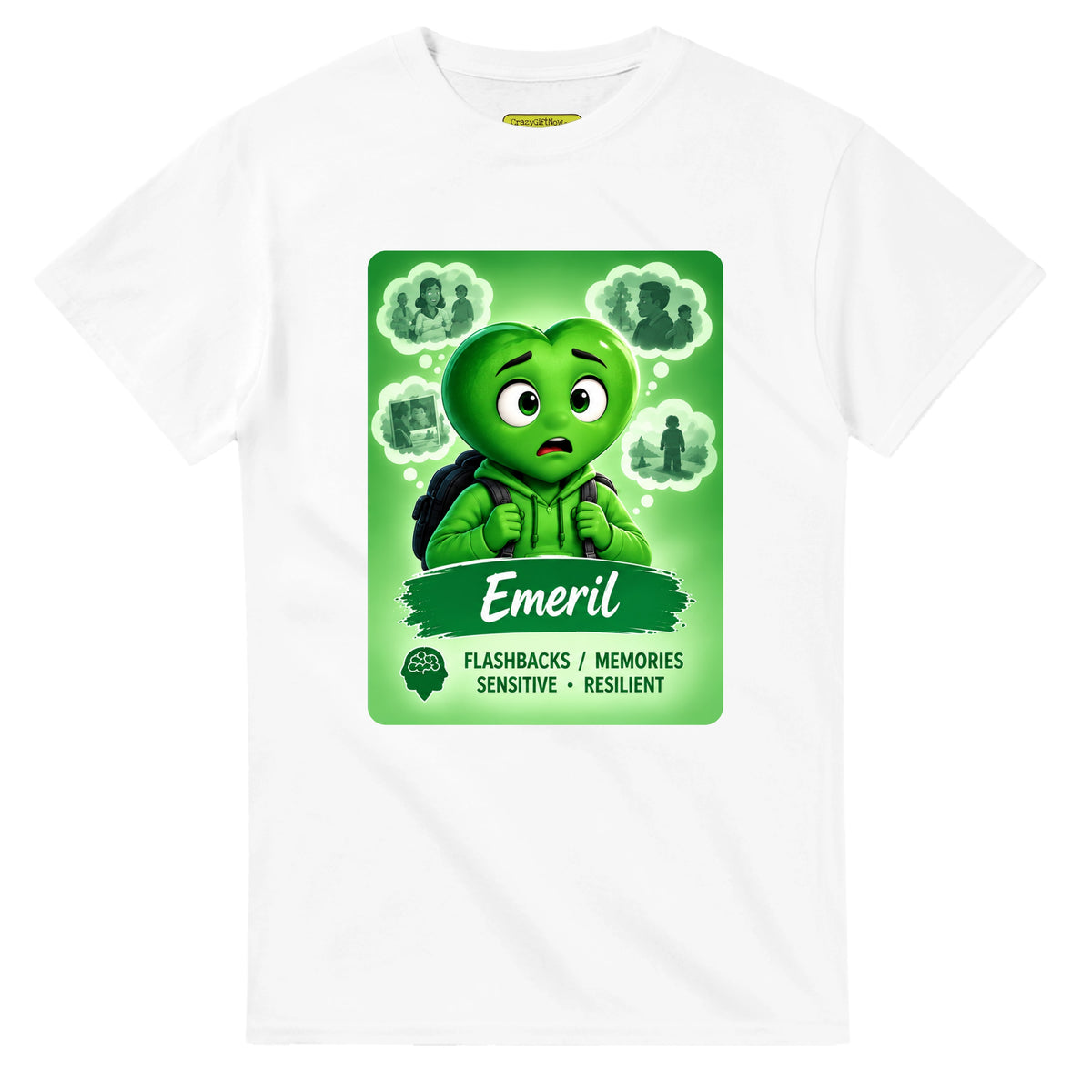 Emeril: The Rememberer heart for veteran flashbacks and painful memories awareness — white unisex t-shirt