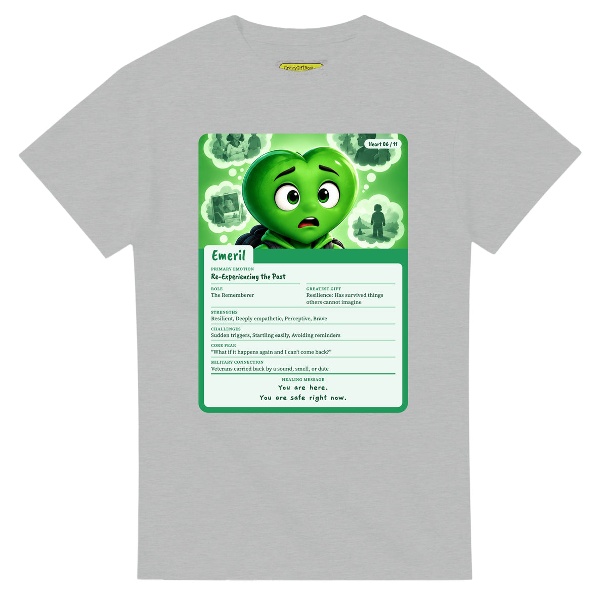 Emeril: The Rememberer heart card for veteran flashbacks and painful memories awareness — ash unisex t-shirt