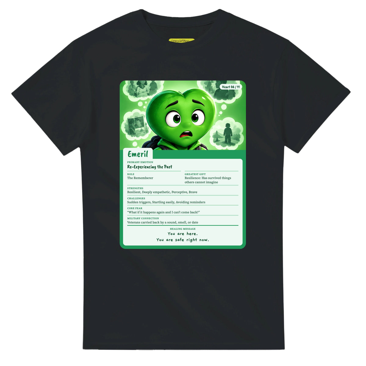 Emeril: The Rememberer heart card for veteran flashbacks and painful memories awareness — black unisex t-shirt