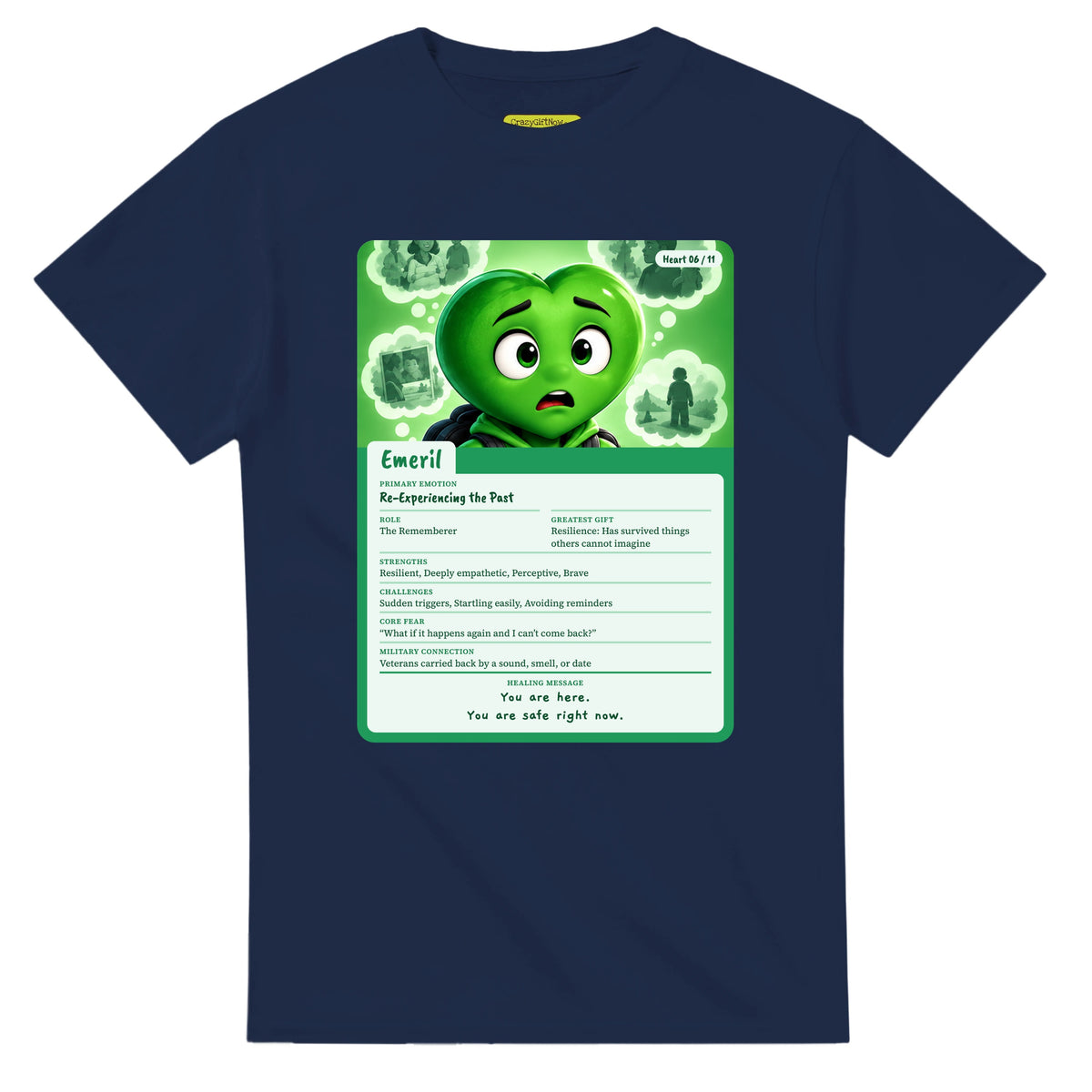 Emeril: The Rememberer heart card for veteran flashbacks and painful memories awareness — navy unisex t-shirt