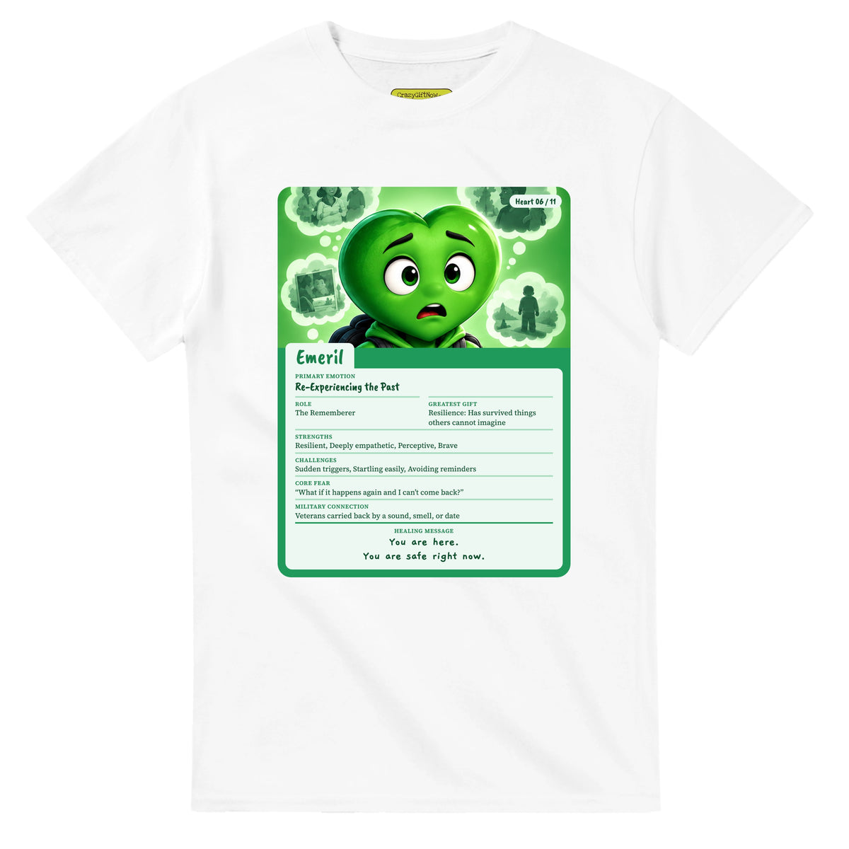 Emeril: The Rememberer heart card for veteran flashbacks and painful memories awareness — white unisex t-shirt