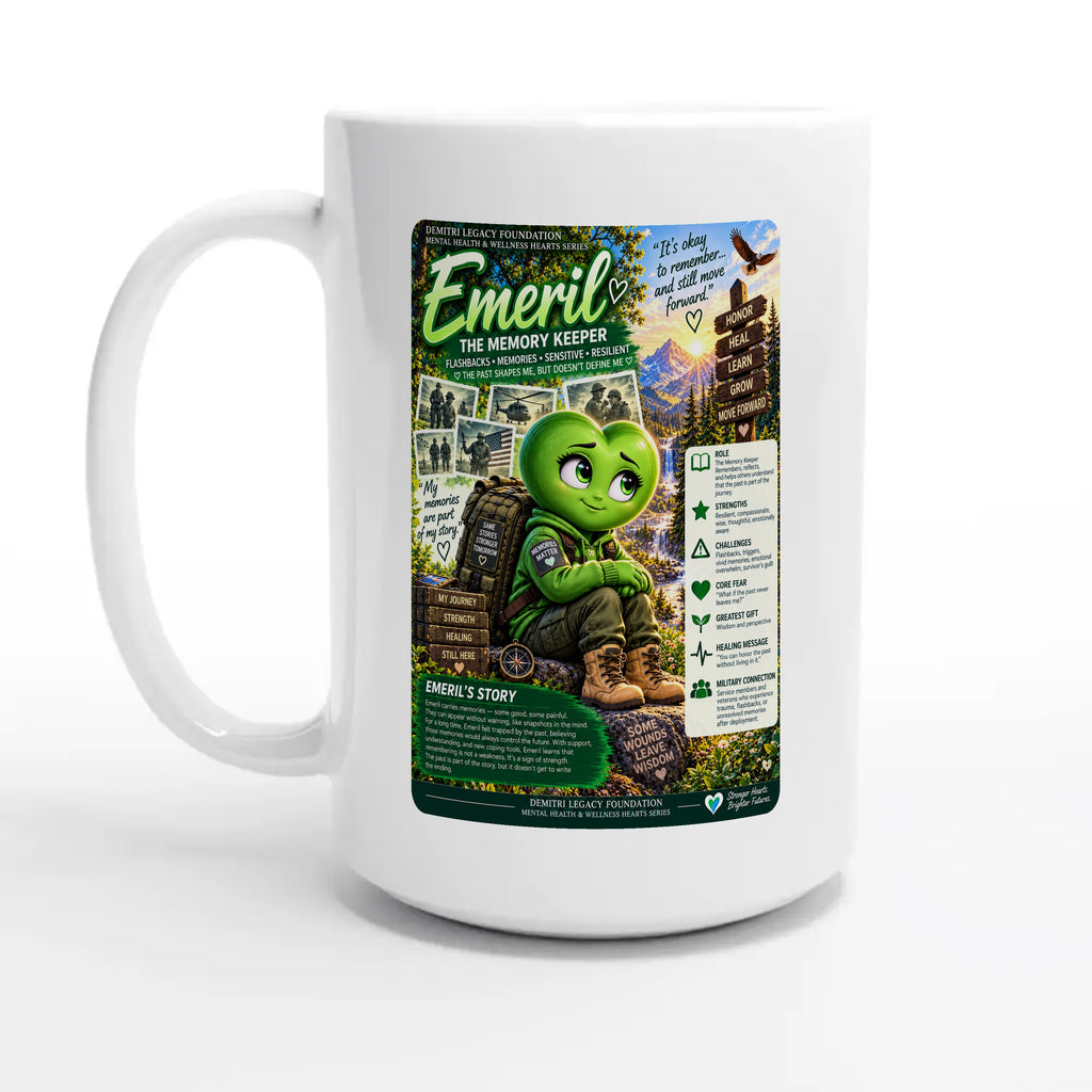 Emeril: The Memory Keeper story poster for veteran flashbacks and painful memories awareness — 15oz coffee mug, other side