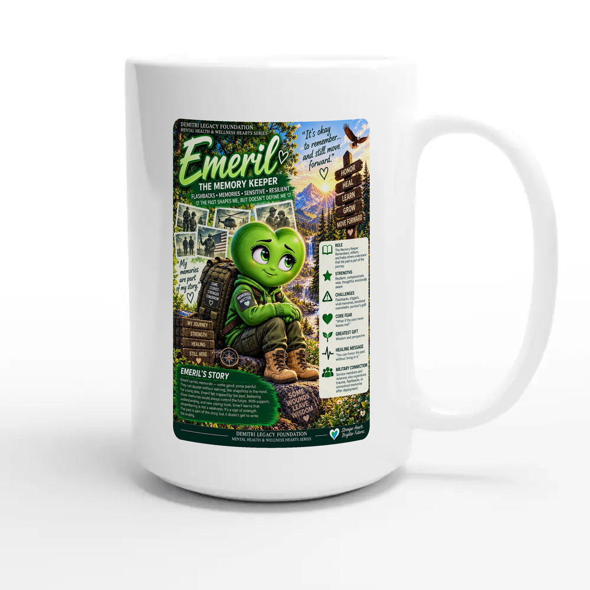 Emeril: The Memory Keeper story poster for veteran flashbacks and painful memories awareness — 15oz white coffee mug