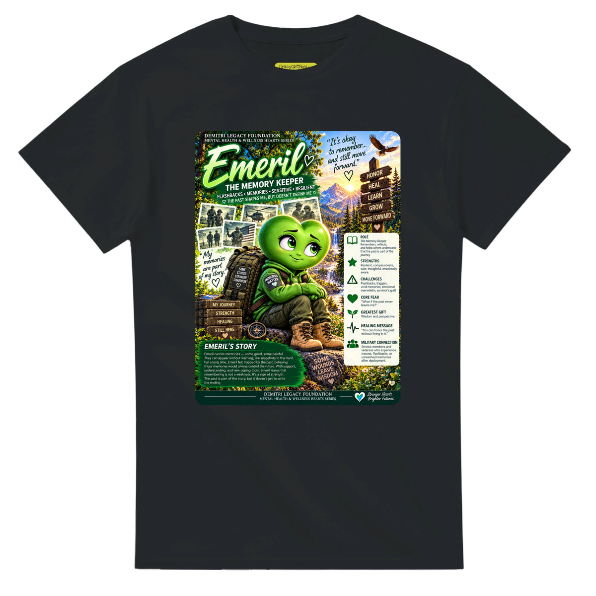 Emeril: The Memory Keeper story poster for veteran flashbacks and painful memories awareness — black unisex t-shirt