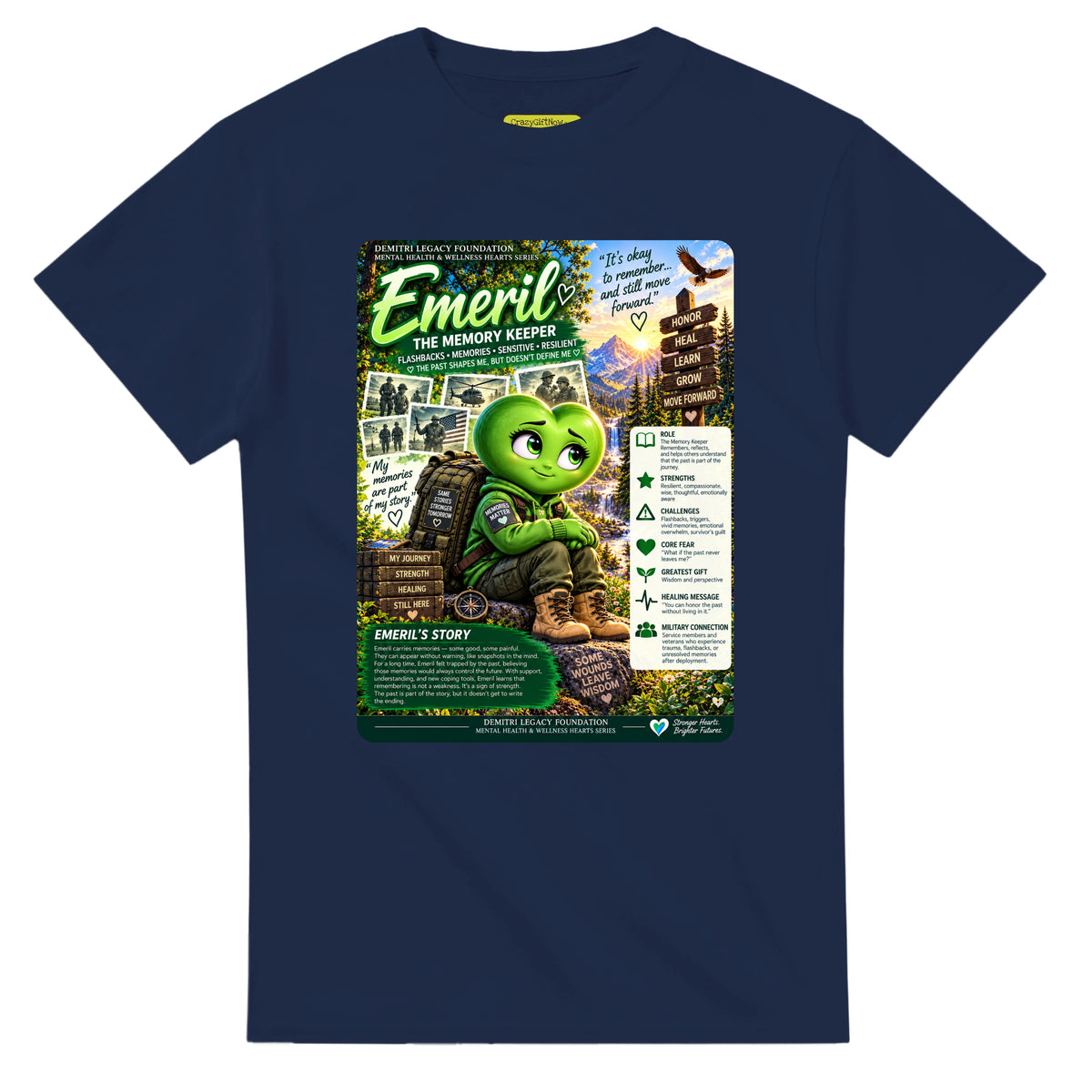 Emeril: The Memory Keeper story poster for veteran flashbacks and painful memories awareness — navy unisex t-shirt