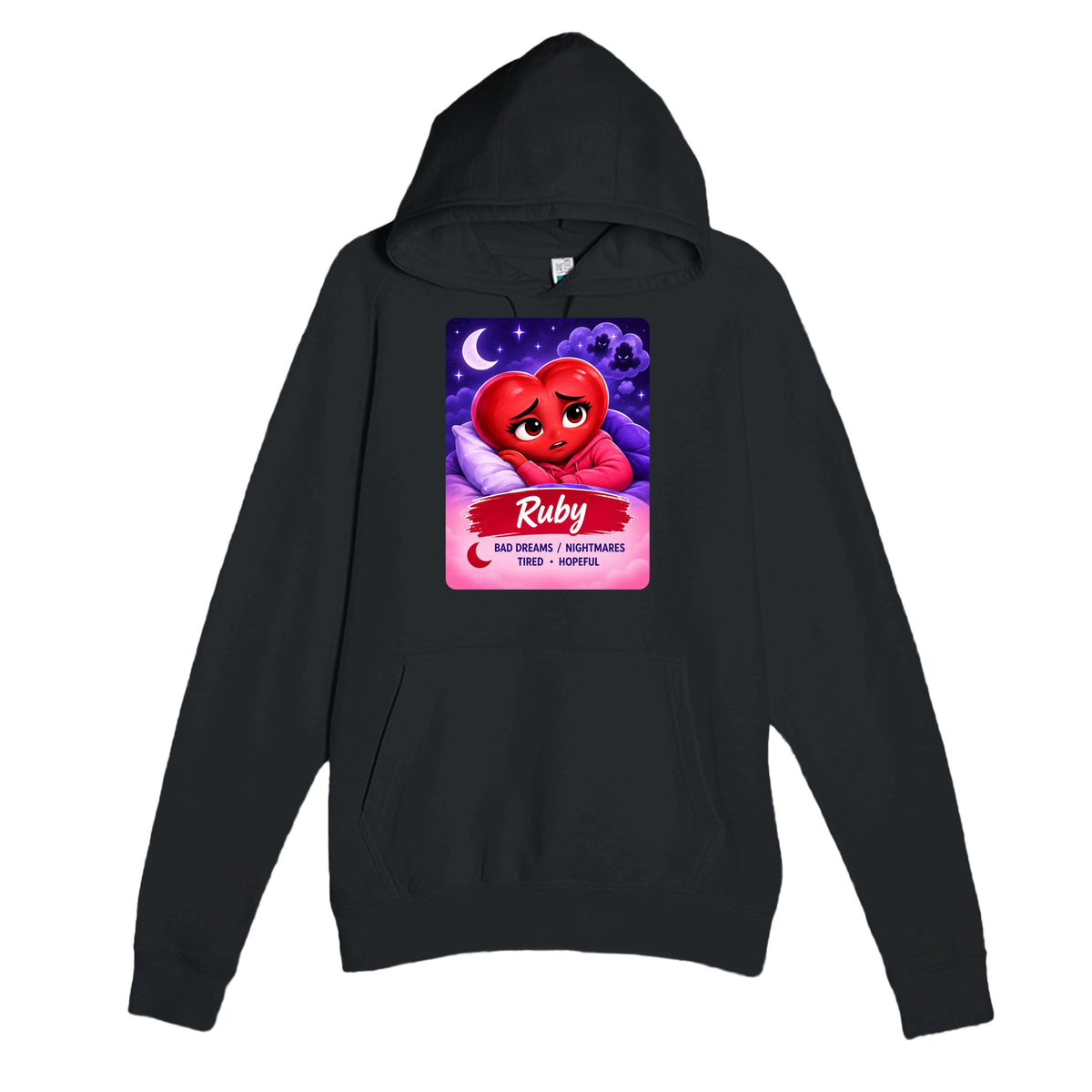 Ruby: The Night Dreamer heart for veteran nighttime fear and exhaustion awareness — black unisex hoodie