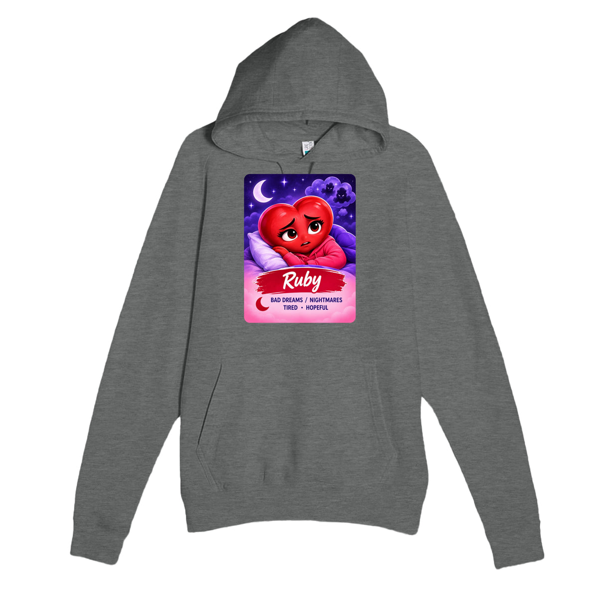 Ruby: The Night Dreamer heart for veteran nighttime fear and exhaustion awareness — graphite heather unisex hoodie