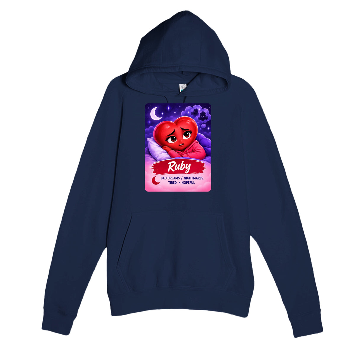 Ruby: The Night Dreamer heart for veteran nighttime fear and exhaustion awareness — navy unisex hoodie