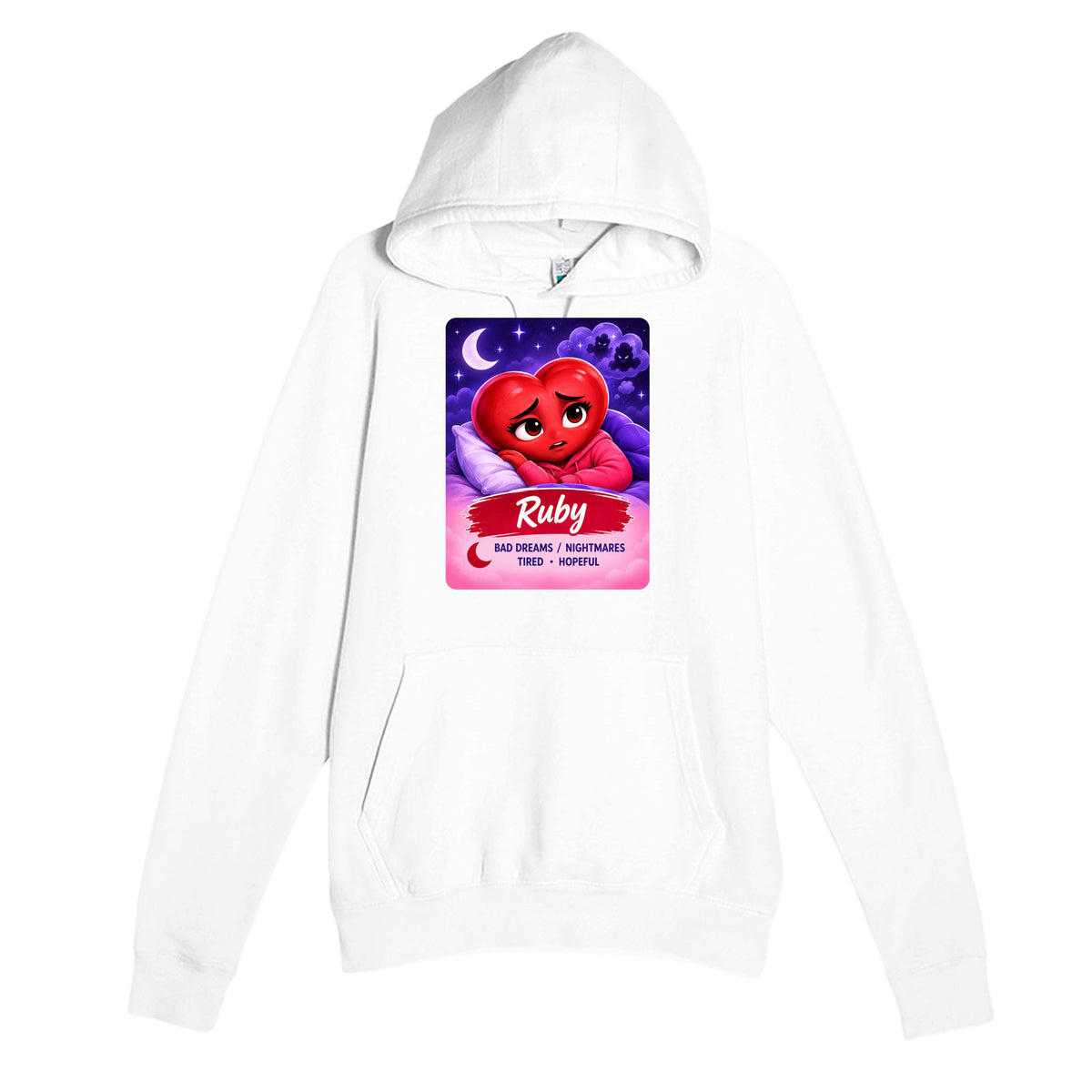 Ruby: The Night Dreamer heart for veteran nighttime fear and exhaustion awareness — white unisex hoodie