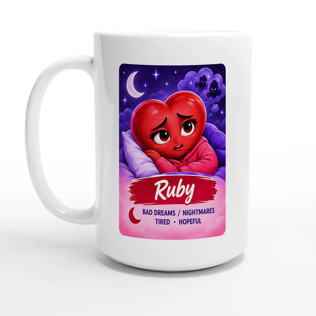 Ruby: The Night Dreamer heart for veteran nighttime fear and exhaustion awareness — 15oz coffee mug, other side