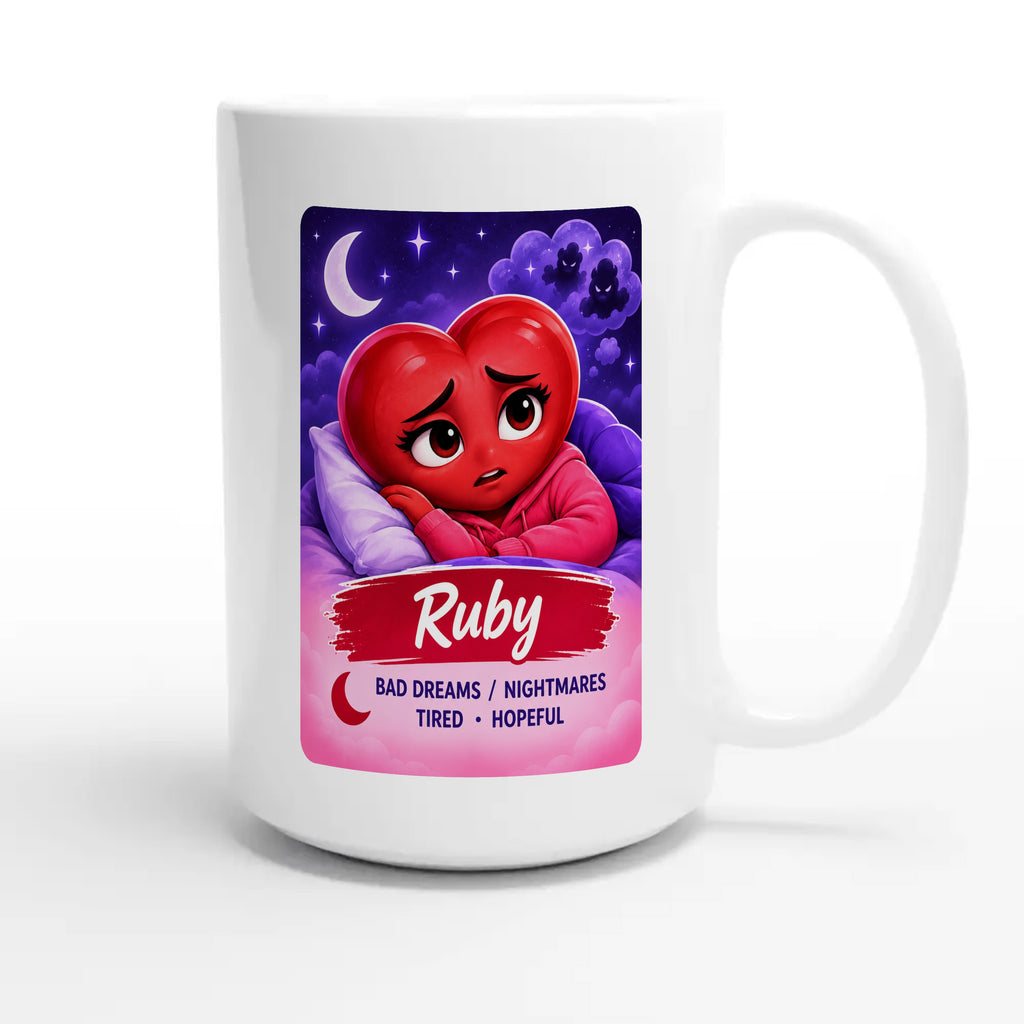 Ruby: The Night Dreamer heart for veteran nighttime fear and exhaustion awareness — 15oz white coffee mug