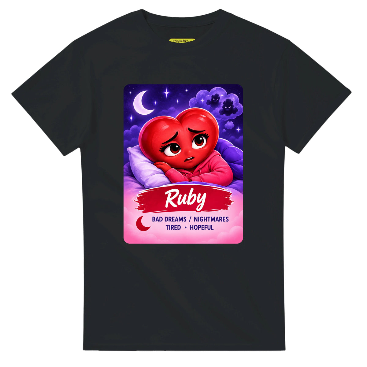 Ruby: The Night Dreamer heart for veteran nighttime fear and exhaustion awareness — black unisex t-shirt
