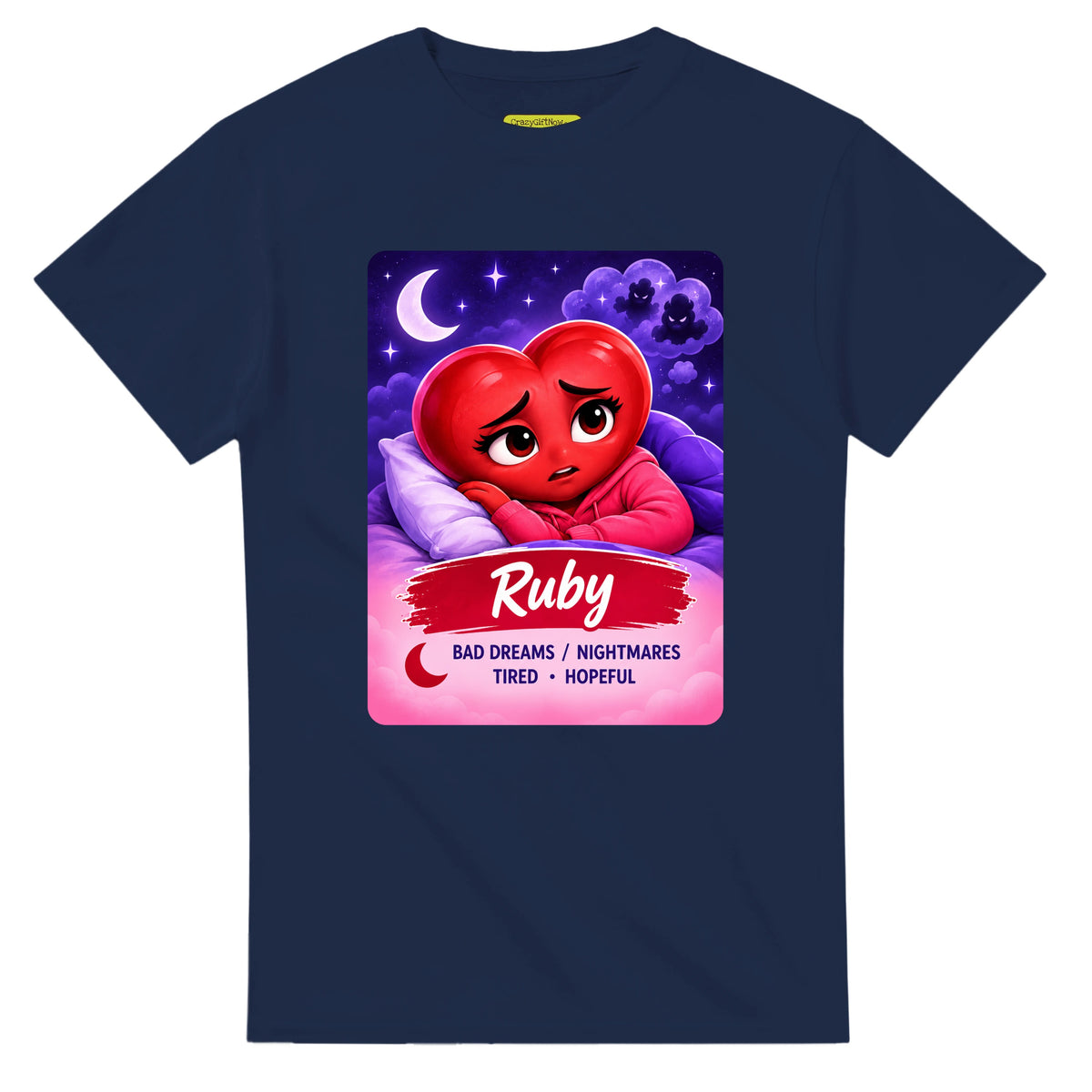 Ruby: The Night Dreamer heart for veteran nighttime fear and exhaustion awareness — navy unisex t-shirt